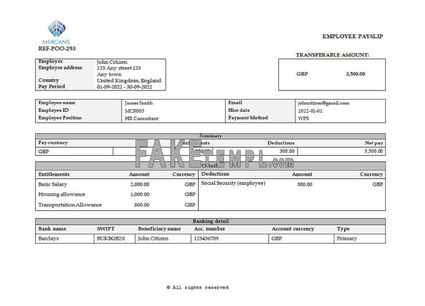 United Kingdom Mercans Global fake payroll Solutions & Services Word and PDF template